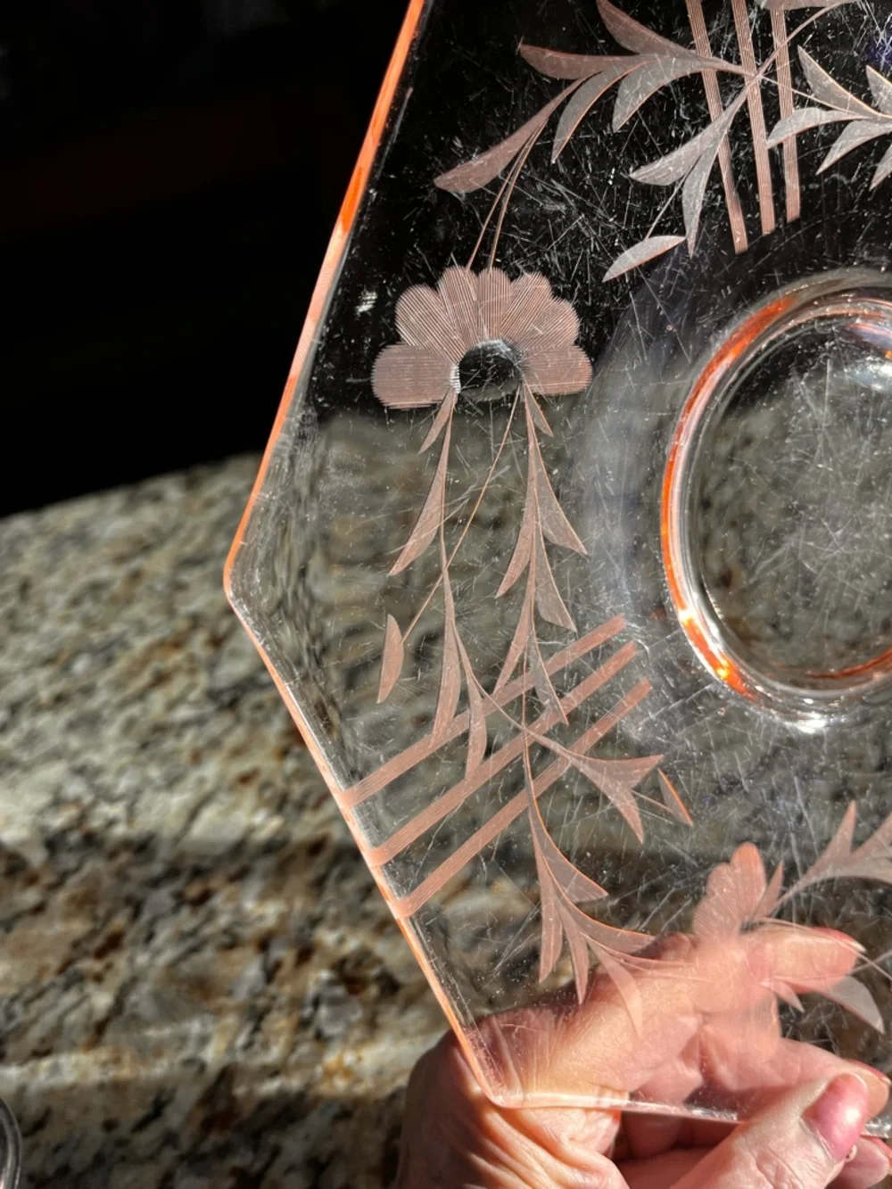 Vintage Pink Depression Glass Etched Floral Plate 10” Octagon Serving Dish